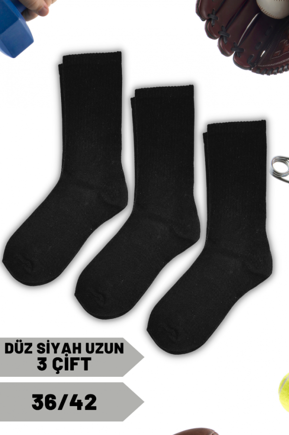 ETP Socks Pamuklu Kolej (Uzun) Çorap Düz Siyah Unisex 36/42 3 Çift