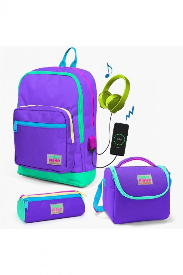 Coral High Kids Mor Renk Detaylı USBli 3’lü Okul Çanta Seti SET 23834-MİX3