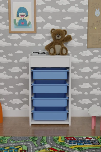 4 Sepetli Oyuncak Dolabı Çok Amaçlı Mutfak Dolabı Sebzelik Beyaz - Mavi - 2