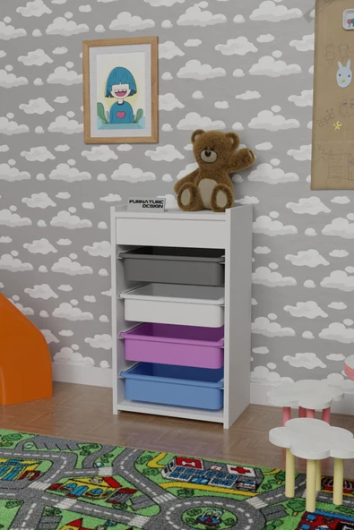 4 Sepetli Oyuncak Dolabı Çok Amaçlı Mutfak Dolabı Sebzelik Beyaz - Karışık