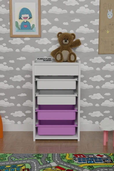 4 Sepetli Oyuncak Dolabı Çok Amaçlı Mutfak Dolabı Sebzelik Beyaz - Beyaz & Pembe - 2