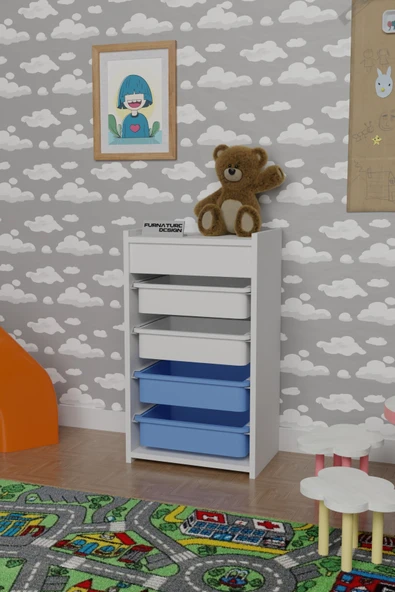 4 Sepetli Oyuncak Dolabı Çok Amaçlı Mutfak Dolabı Sebzelik Beyaz - Beyaz & Mavi