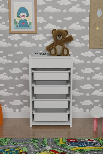 4 Sepetli Oyuncak Dolabı Çok Amaçlı Mutfak Dolabı Sebzelik Beyaz - Beyaz - 2