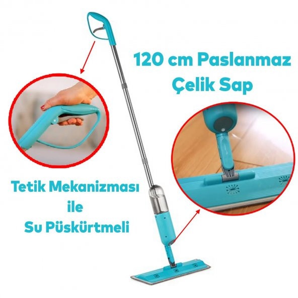 Ev Ofis İşyeri Cam Duvar Parke Yer Zemin Silme Temizleme Püskürtmeli Su Hazneli Mop - 2