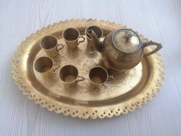KALEM İŞÇİLİĞİ PİRİNÇ TEPSİ 6 BARDAK 1 ÇAYDANLIK