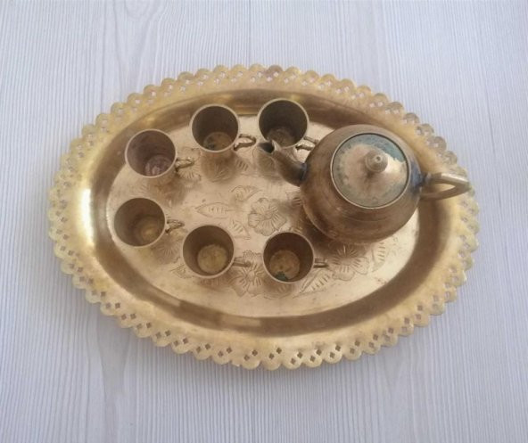 KALEM İŞÇİLİĞİ PİRİNÇ TEPSİ 6 BARDAK 1 ÇAYDANLIK - 2