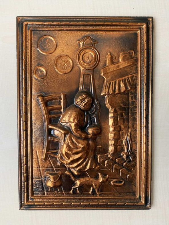 36X25CM VİNTAGE AVRUPA BAKIR TABLO KABARTMALI BAKIR TABLO KÖY EVİ TEMALI NO 09