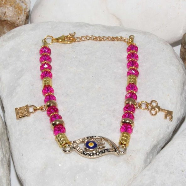 PEMBE Renk Nazar Boncuklu CAM Bileklik - Kadın Bilekliği - Nazar Boncuğu Bileklik - Bilezik