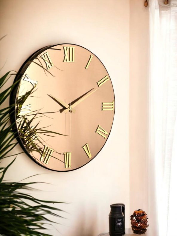 Galaxy Premium Serisi Aynalı 50 CM Sessiz Akar Roma Rakamlı Duvar Saati Bronz - Resim 2