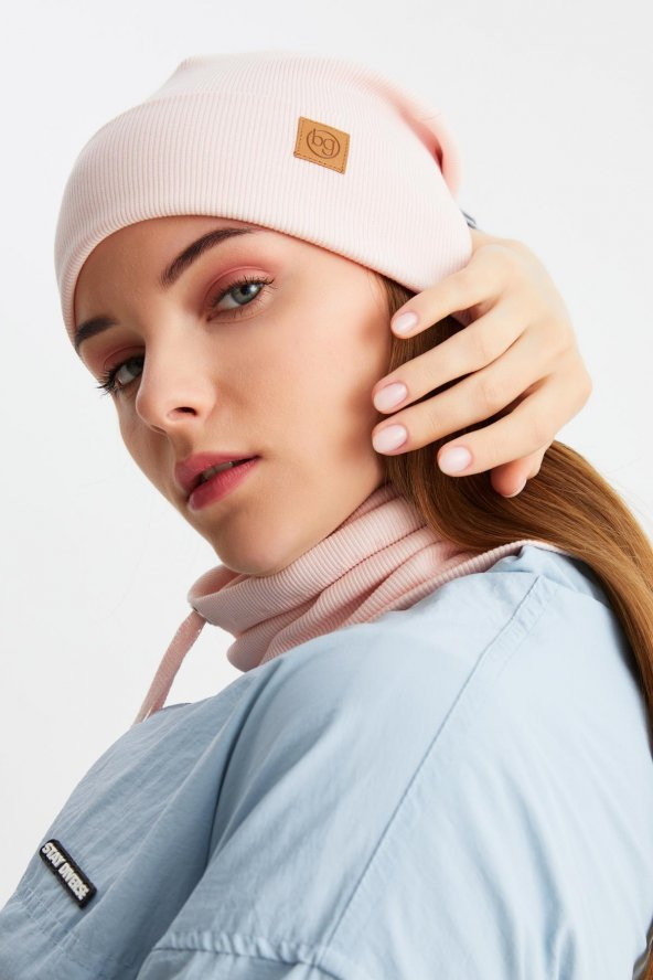 Pudra 3'ü BİR ARADA Balıkçı  Style Bere +İpli  Bere + Boyunluk Hafif, %100 Pamuklu Kışlık Set - 4