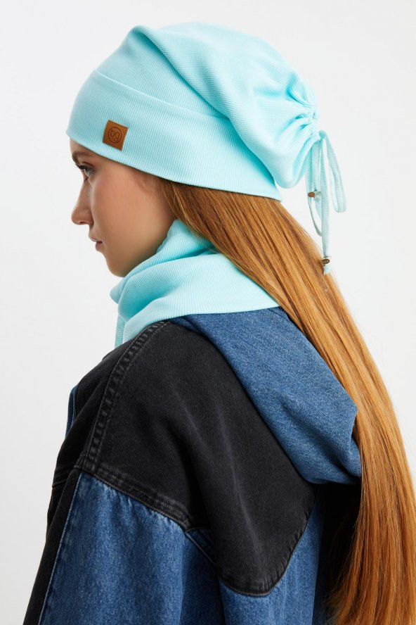 Aqua 3'ü BİR ARADA Balıkçı  Style Bere +İpli  Bere + Boyunluk Hafif, %100 Pamuklu Kışlık Set - 2