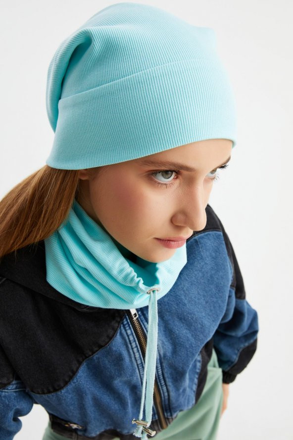 Aqua 3'ü BİR ARADA Balıkçı  Style Bere +İpli  Bere + Boyunluk Hafif, %100 Pamuklu Kışlık Set - 4