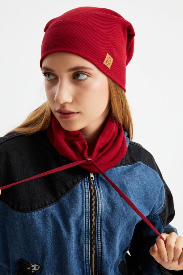 Bordo 3'ü BİR ARADA Balıkçı  Style Bere +İpli  Bere + Boyunluk Hafif, %100 Pamuklu Kışlık Set