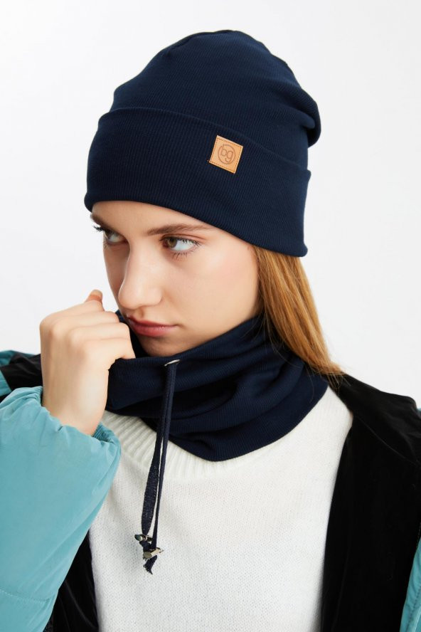 Lacivert 3'ü BİR ARADA Balıkçı  Style Bere +İpli  Bere + Boyunluk Hafif, %100 Pamuklu Kışlık Set - 2