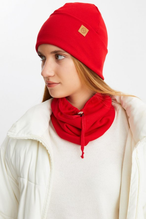 Kırmızı 3'ü BİR ARADA Balıkçı Style Bere +İpli Bere + Boyunluk Hafif, %100 Pamuklu Kışlık Set