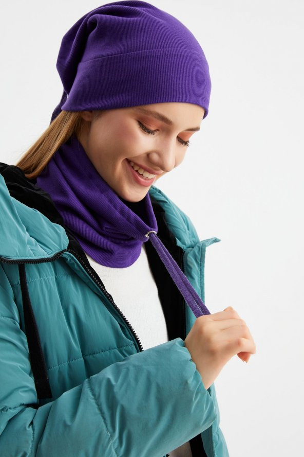 Mor 3'ü BİR ARADA Balıkçı  Style Bere +İpli  Bere + Boyunluk Hafif, %100 Pamuklu Kışlık Set - 2
