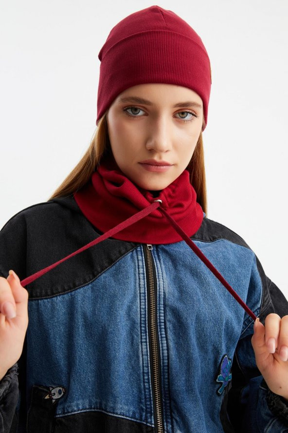 Bordo 3'ü BİR ARADA Balıkçı  Style Bere +İpli  Bere + Boyunluk Hafif, %100 Pamuklu Kışlık Set - 2
