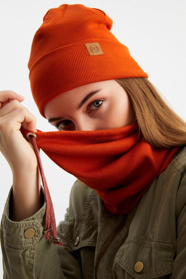 Kiremit 3'ü BİR ARADA Balıkçı  Style Bere +İpli  Bere + Boyunluk Hafif, %100 Pamuklu Kışlık Set - 6