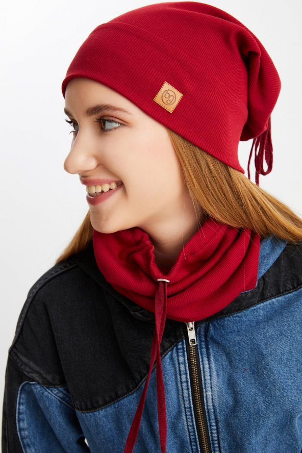 Bordo 3'ü BİR ARADA Balıkçı  Style Bere +İpli  Bere + Boyunluk Hafif, %100 Pamuklu Kışlık Set - 3