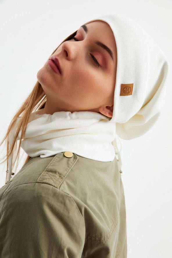 Beyaz 3'ü BİR ARADA Balıkçı  Style Bere +İpli  Bere + Boyunluk Hafif, %100 Pamuklu Kışlık Set ürün görseli 1