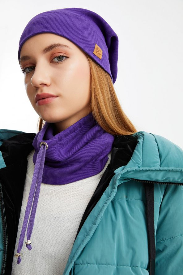 Mor 3'ü BİR ARADA Balıkçı  Style Bere +İpli  Bere + Boyunluk Hafif, %100 Pamuklu Kışlık Set - 4