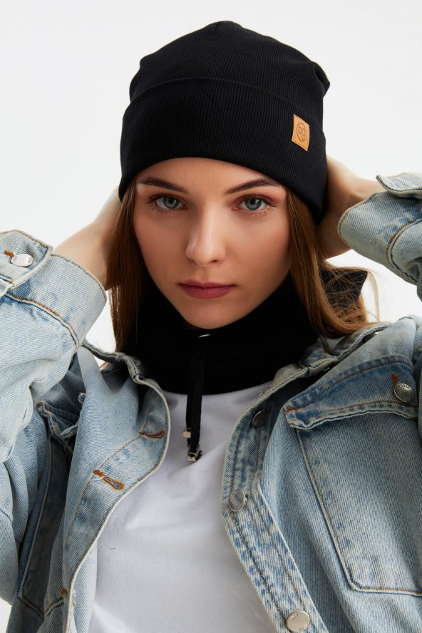 Siyah 3'ü BİR ARADA Balıkçı  Style Bere +İpli  Bere + Boyunluk Hafif, %100 Pamuklu Kışlık Set