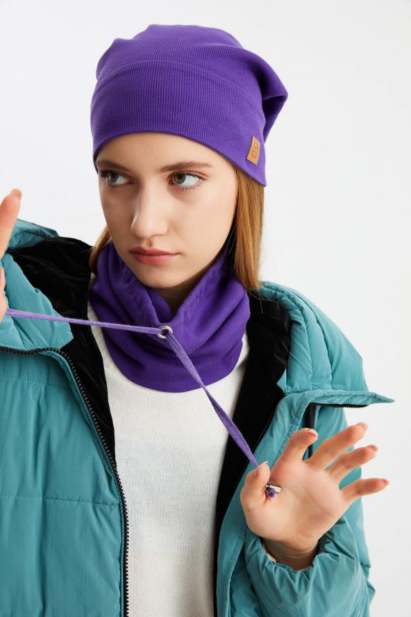 Mor 3'ü BİR ARADA Balıkçı  Style Bere +İpli  Bere + Boyunluk Hafif, %100 Pamuklu Kışlık Set - 6