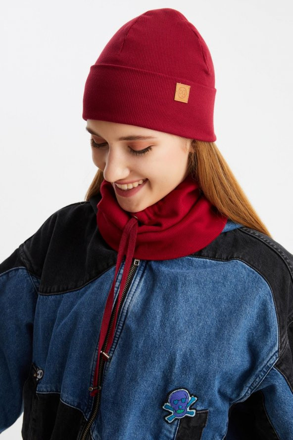 Bordo 3'ü BİR ARADA Balıkçı  Style Bere +İpli  Bere + Boyunluk Hafif, %100 Pamuklu Kışlık Set - 6