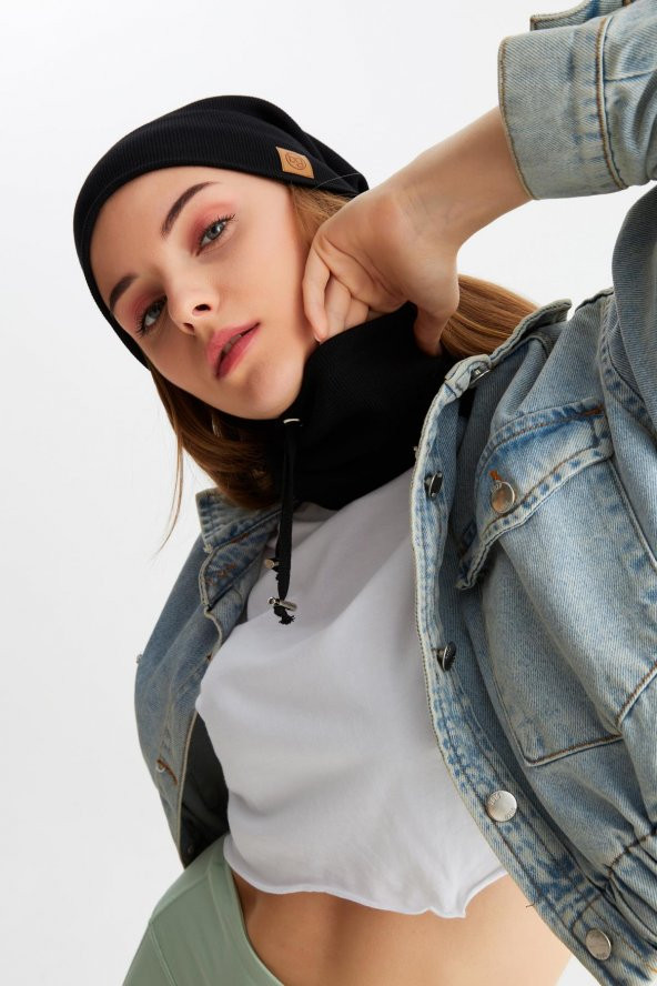 Siyah 3'ü BİR ARADA Balıkçı  Style Bere +İpli  Bere + Boyunluk Hafif, %100 Pamuklu Kışlık Set - 4