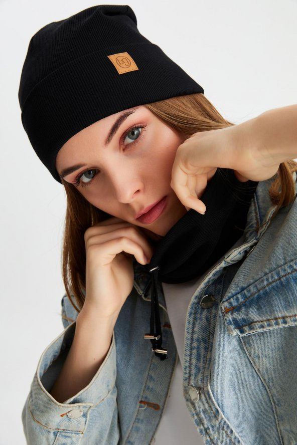 Siyah 3'ü BİR ARADA Balıkçı  Style Bere +İpli  Bere + Boyunluk Hafif, %100 Pamuklu Kışlık Set - 5