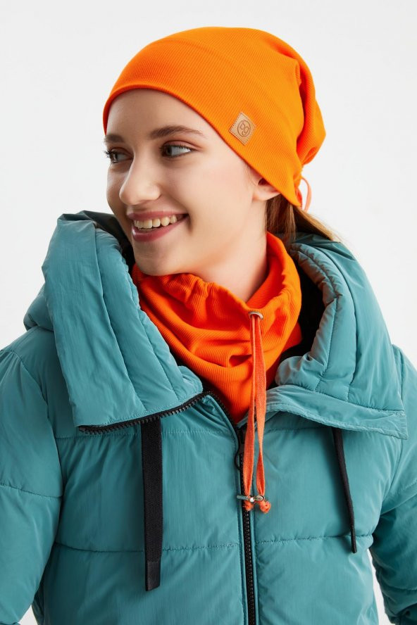Turuncu 3'ü BİR ARADA Balıkçı  Style Bere +İpli  Bere + Boyunluk Hafif, %100 Pamuklu Kışlık Set