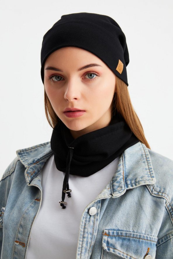 Siyah 3'ü BİR ARADA Balıkçı  Style Bere +İpli  Bere + Boyunluk Hafif, %100 Pamuklu Kışlık Set - 6