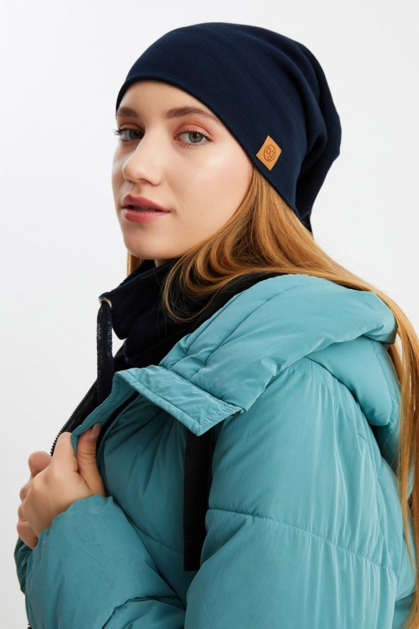 Lacivert 3'ü BİR ARADA Balıkçı  Style Bere +İpli  Bere + Boyunluk Hafif, %100 Pamuklu Kışlık Set - 5