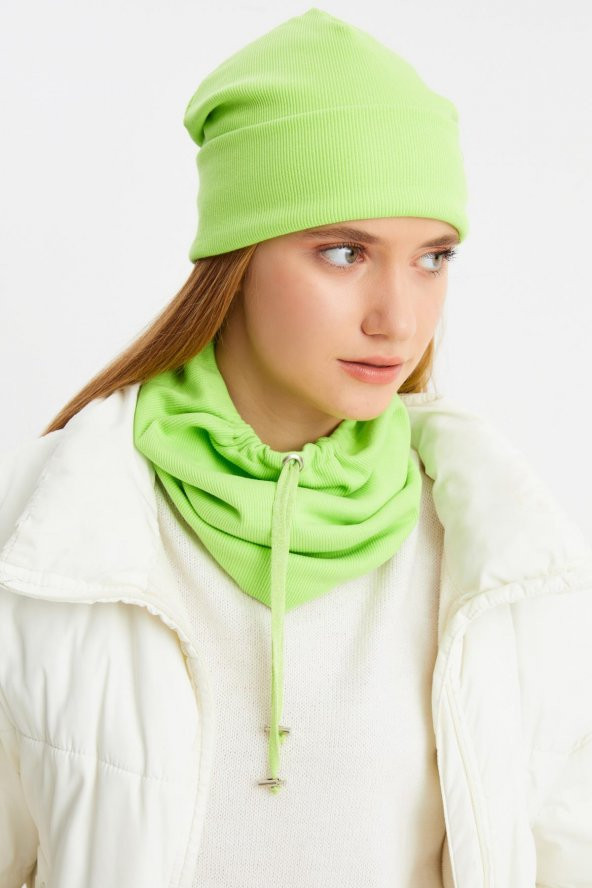 Fıstık Yeşili 3'ü BİR ARADA Balıkçı  Style Bere +İpli  Bere + Boyunluk Hafif, %100 Pamuklu Kışlık Set - 6