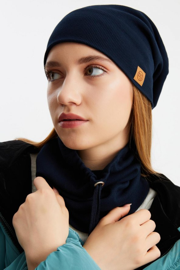 Lacivert 3'ü BİR ARADA Balıkçı  Style Bere +İpli  Bere + Boyunluk Hafif, %100 Pamuklu Kışlık Set - 7