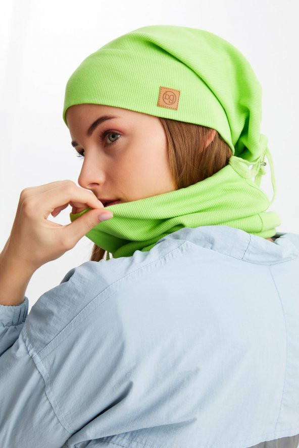 Fıstık Yeşili 3'ü BİR ARADA Balıkçı  Style Bere +İpli  Bere + Boyunluk Hafif, %100 Pamuklu Kışlık Set - 7