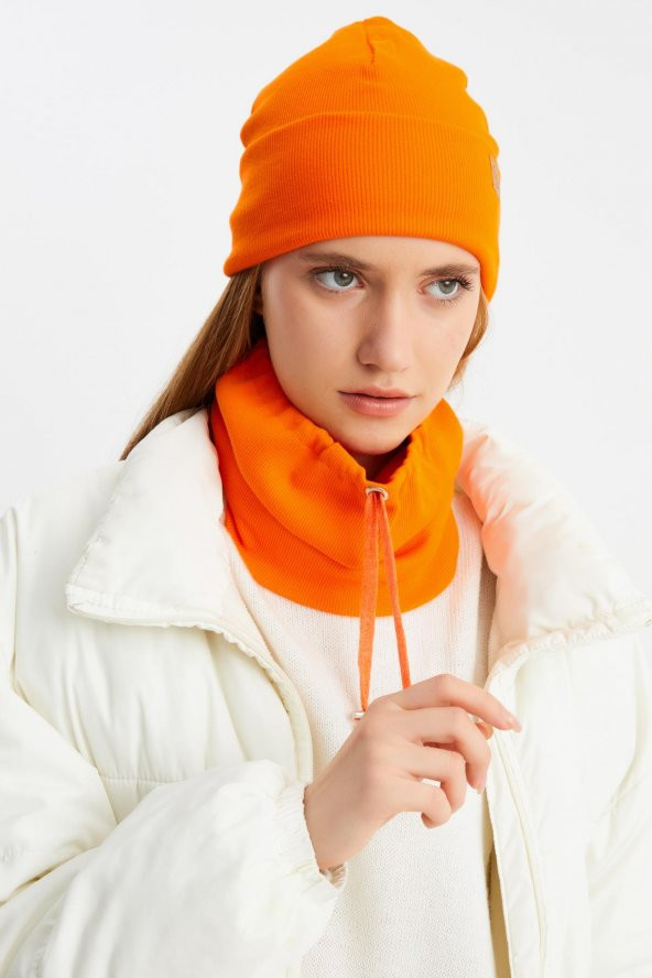 Turuncu 3'ü BİR ARADA Balıkçı  Style Bere +İpli  Bere + Boyunluk Hafif, %100 Pamuklu Kışlık Set - 4