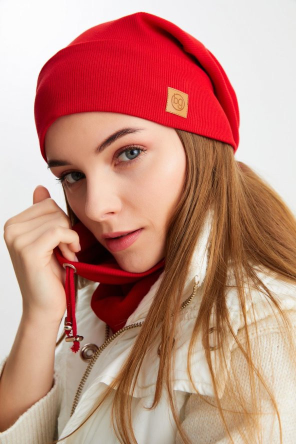 Kırmızı 3'ü BİR ARADA Balıkçı Style Bere +İpli Bere + Boyunluk Hafif, %100 Pamuklu Kışlık Set - 2