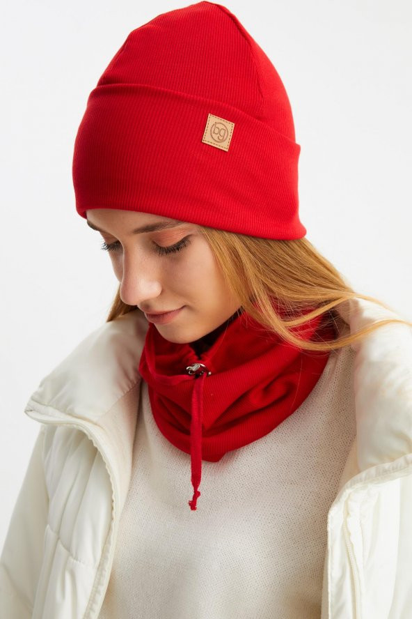 Kırmızı 3'ü BİR ARADA Balıkçı Style Bere +İpli Bere + Boyunluk Hafif, %100 Pamuklu Kışlık Set - 5