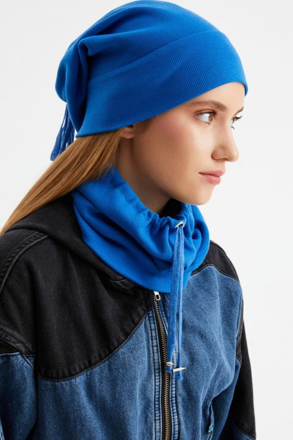 Mavi 3'ü BİR ARADA Balıkçı  Style Bere +İpli  Bere + Boyunluk Hafif, %100 Pamuklu Kışlık Set - 5