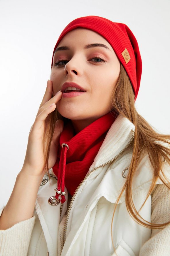 Kırmızı 3'ü BİR ARADA Balıkçı Style Bere +İpli Bere + Boyunluk Hafif, %100 Pamuklu Kışlık Set - 6