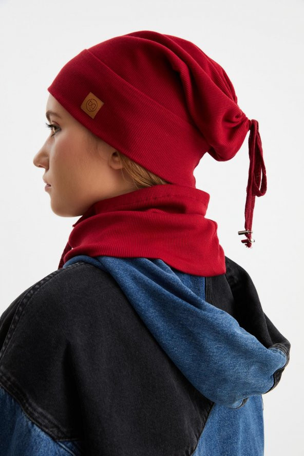 Bordo 3'ü BİR ARADA Balıkçı  Style Bere +İpli  Bere + Boyunluk Hafif, %100 Pamuklu Kışlık Set - 7
