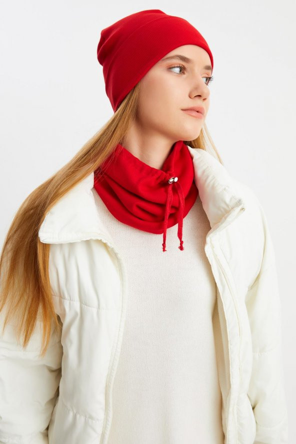 Kırmızı 3'ü BİR ARADA Balıkçı Style Bere +İpli Bere + Boyunluk Hafif, %100 Pamuklu Kışlık Set - 7