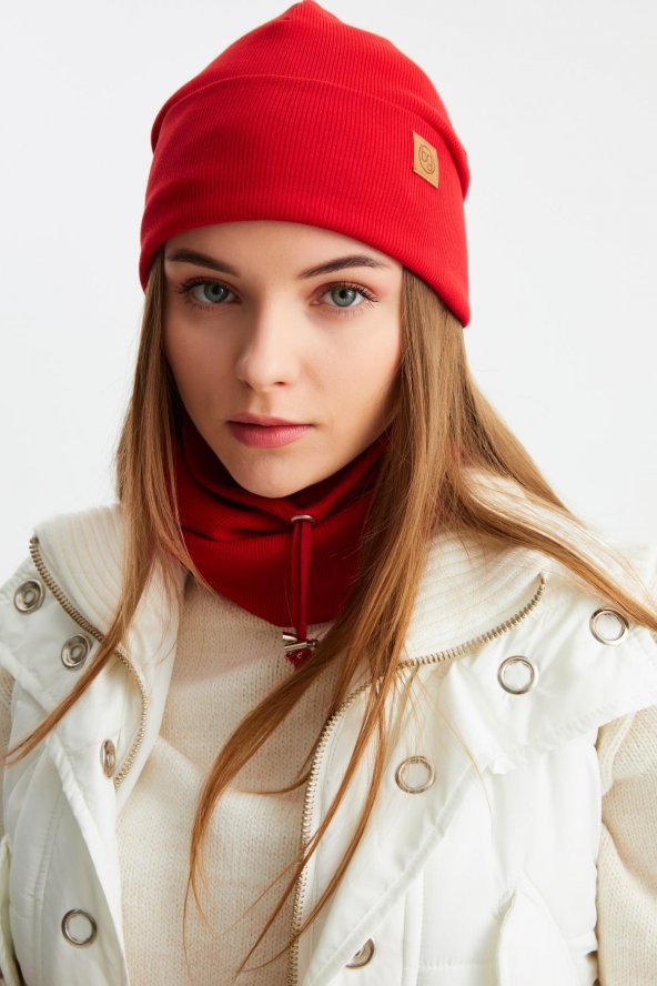 Kırmızı 3'ü BİR ARADA Balıkçı Style Bere +İpli Bere + Boyunluk Hafif, %100 Pamuklu Kışlık Set - 8