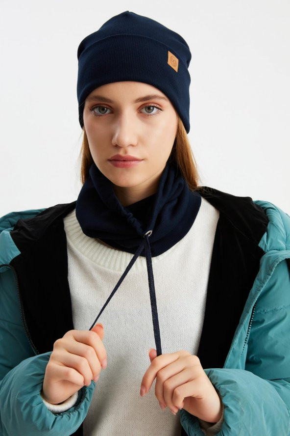 Lacivert Kadın Balıkçı Style Pamuklu Kaşkorse, Terletmez, Ultra Hafif, Yumuşak Bere Boyunluk Takım