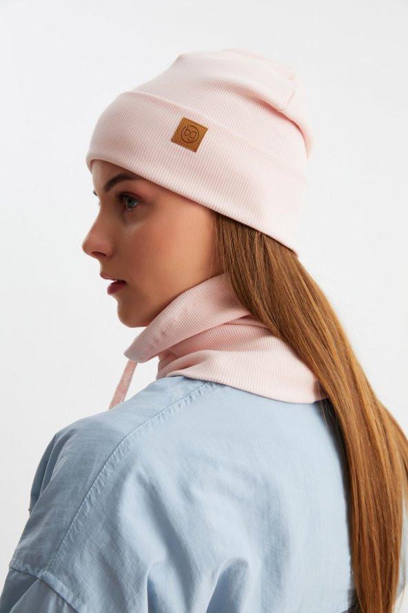 Pudra Kadın Balıkçı Style Pamuklu Kaşkorse, Terletmez, Ultra Hafif, Yumuşak Bere Boyunluk Takım - 3