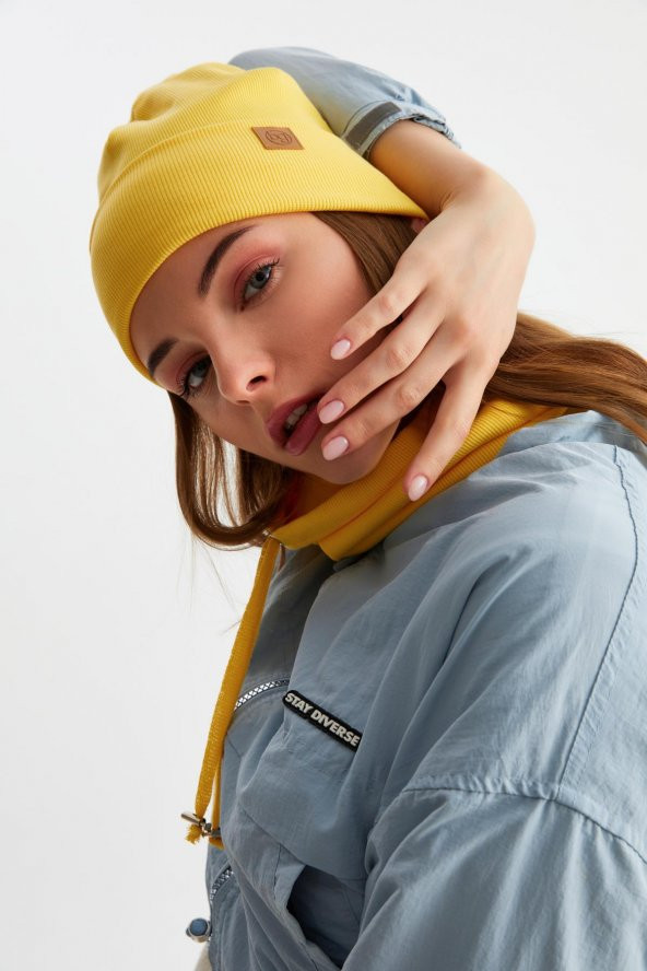 Sarı Kadın Balıkçı Style Pamuklu Kaşkorse, Terletmez, Ultra Hafif, Yumuşak Bere Boyunluk Takım - 3