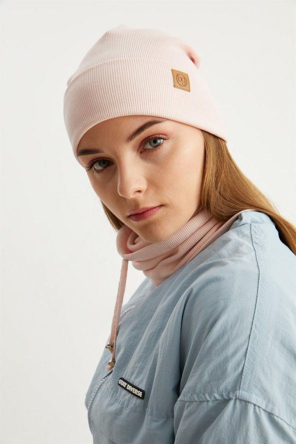 Pudra Kadın Balıkçı Style Pamuklu Kaşkorse, Terletmez, Ultra Hafif, Yumuşak Bere Boyunluk Takım - 5