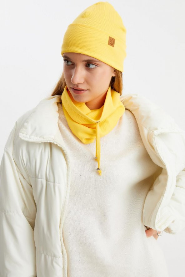 Sarı Kadın Balıkçı Style Pamuklu Kaşkorse, Terletmez, Ultra Hafif, Yumuşak Bere Boyunluk Takım - 6