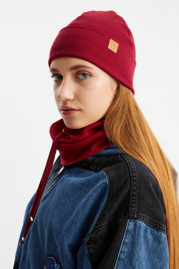 Bordo Kadın Balıkçı Style Pamuklu Kaşkorse, Terletmez, Ultra Hafif, Yumuşak Bere Boyunluk Takım